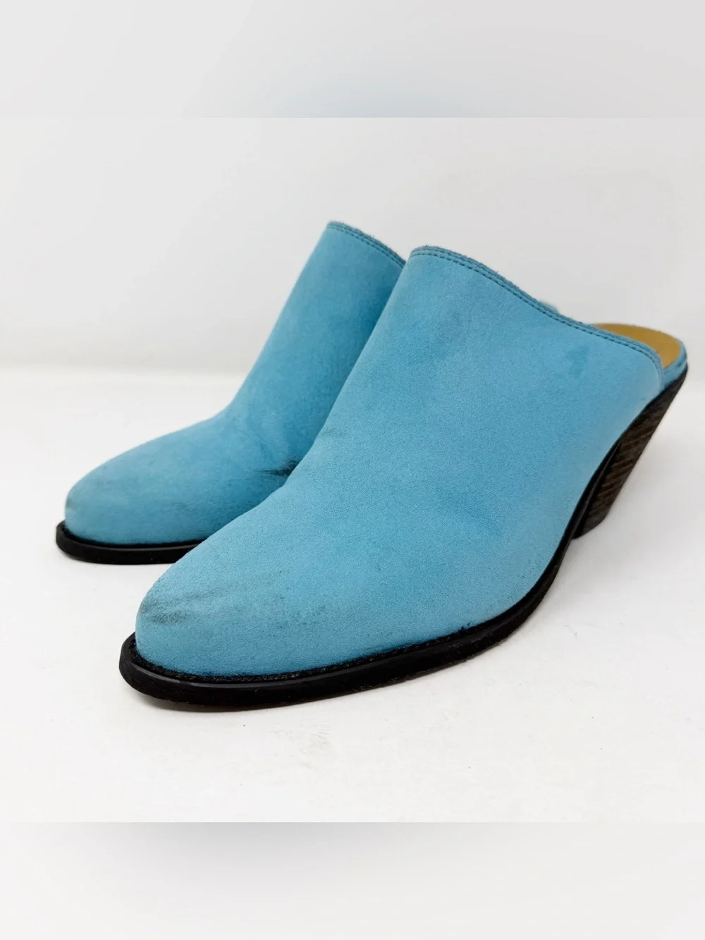 Good Guys Dont Wear Leather Lola Blue Vegan Suede Mules Pointed Toe Heels 42